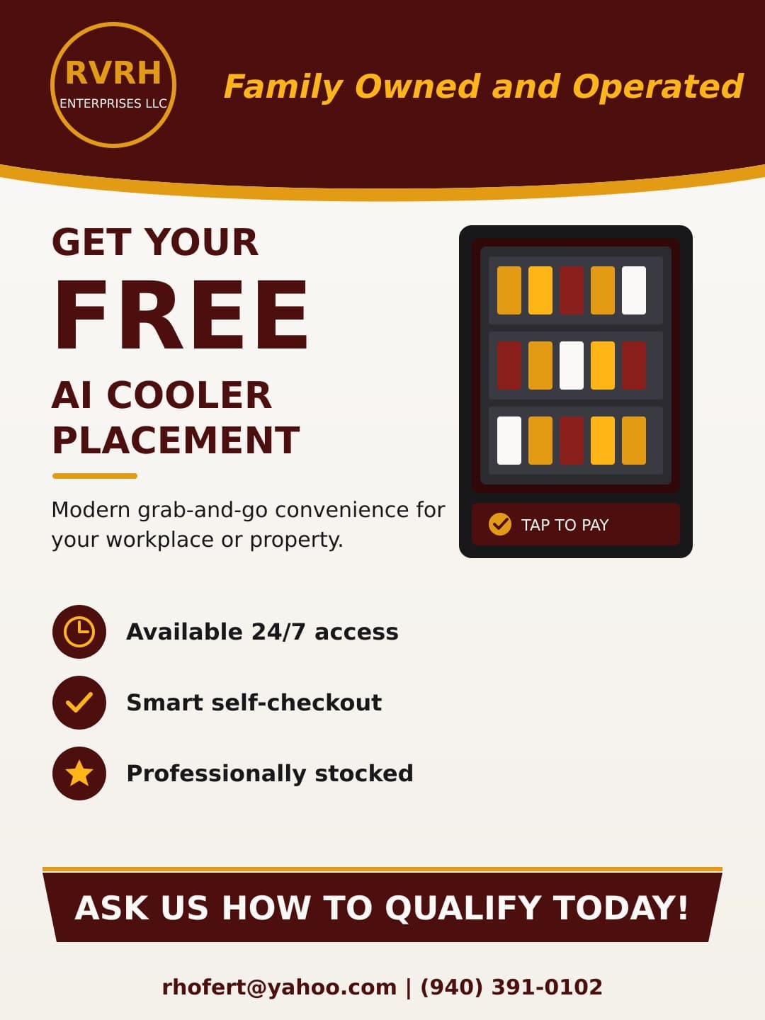 RVRH Enterprises LLC promotional flyer: Get your free AI cooler placement — family owned and operated.